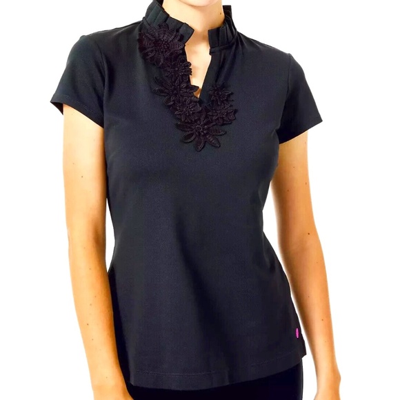 Lilly Pulitzer Tops - Lilly Pulitzer Luxletic Frida Flower Onyx Polo Short Sleeve Top XXS